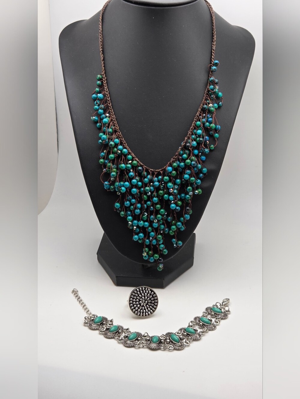 Turquoise Beaded Fringe Necklace with Turquoise Accent Bracelet and Ring Set